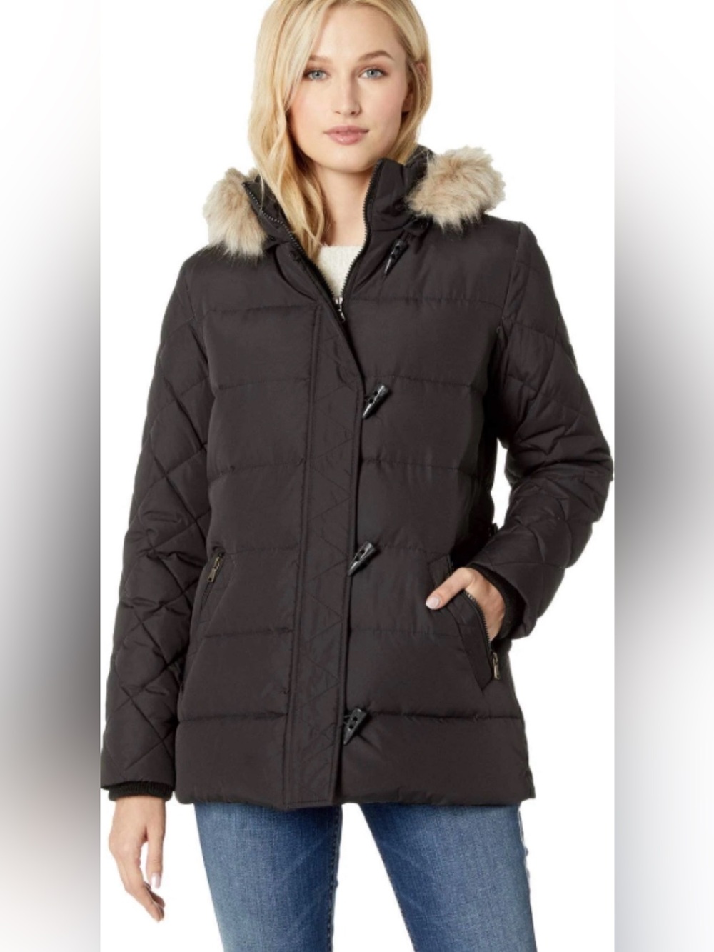 Lauren Ralph Lauren Women's Down Puffer Jacket Black XL Toggle Faux Fur Quilted